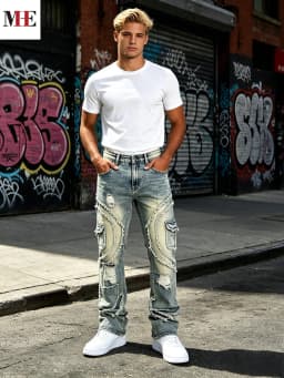 HME Men's Vintage Denim Pants, Stacked Ripped Flared Jeans with Layered Frayed Stitching