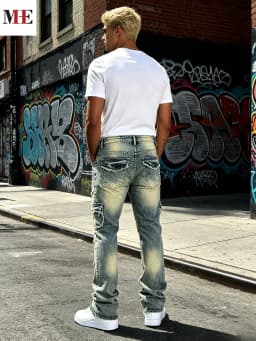 HME Men's Vintage Denim Pants, Stacked Ripped Flared Jeans with Layered Frayed Stitching