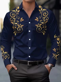 Men's Fashion Floral Print Shirt, Casual Breathable Lapel Button Long Sleeve Shirt for Spring Men’s Clothing Men's Formal shirt