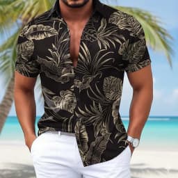 Men's Palm Leaf Tropical Hawaiian Shirt, Short Sleeve 3D Print Button Up Shirt, Blue Black Purple Green