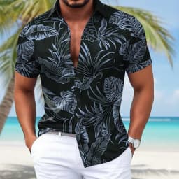 Men's Palm Leaf Tropical Hawaiian Shirt, Short Sleeve 3D Print Button Up Shirt, Blue Black Purple Green