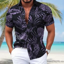 Men's Palm Leaf Tropical Hawaiian Shirt, Short Sleeve 3D Print Button Up Shirt, Blue Black Purple Green