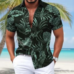 Men's Palm Leaf Tropical Hawaiian Shirt, Short Sleeve 3D Print Button Up Shirt, Blue Black Purple Green