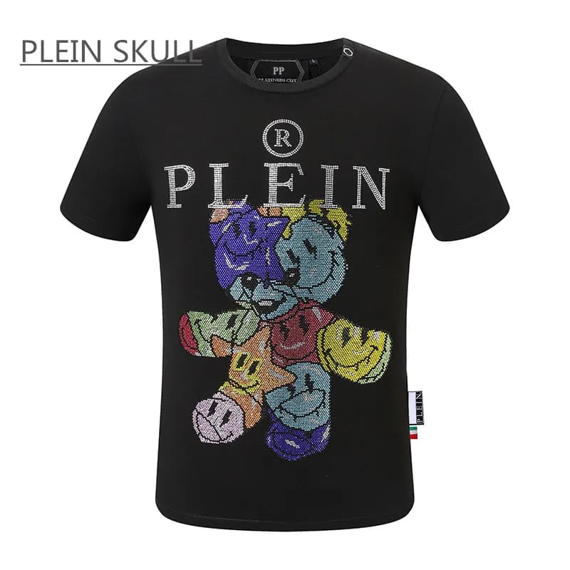 PLEIN SKULL Men's T-shirt Cotton Classic Retro Punk Short Sleeve Top Bear Printed Casual Round Unisex Sports Luxury Neck Tee
