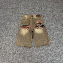 Masked Goddess Embroidered Flowered Jens Shorts for Men and Women High Street Washed Baggy Casual Five Point Denim Pants