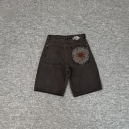 Masked Goddess Embroidered Flowered Jens Shorts for Men and Women High Street Washed Baggy Casual Five Point Denim Pants