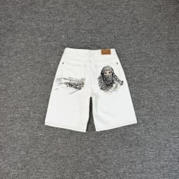 Masked Goddess Embroidered Flowered Jens Shorts for Men and Women High Street Washed Baggy Casual Five Point Denim Pants