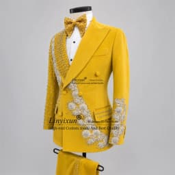 Fashion 3D Floars Men Suits With Diamond Beaded Groom Male Blazers 2 Pieces Sets Wedding Tuxedos Slim Fit ropa hombre Customized