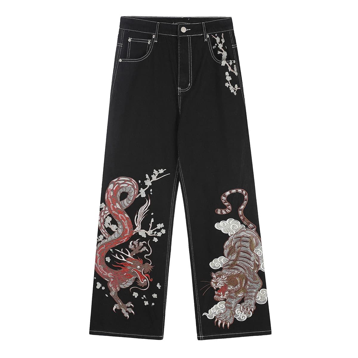 High Street Tiger Dragon Embroidery Baggy Jeans Pants for Men and Women Pantalones Hombre Straight Denim Trousers Oversized