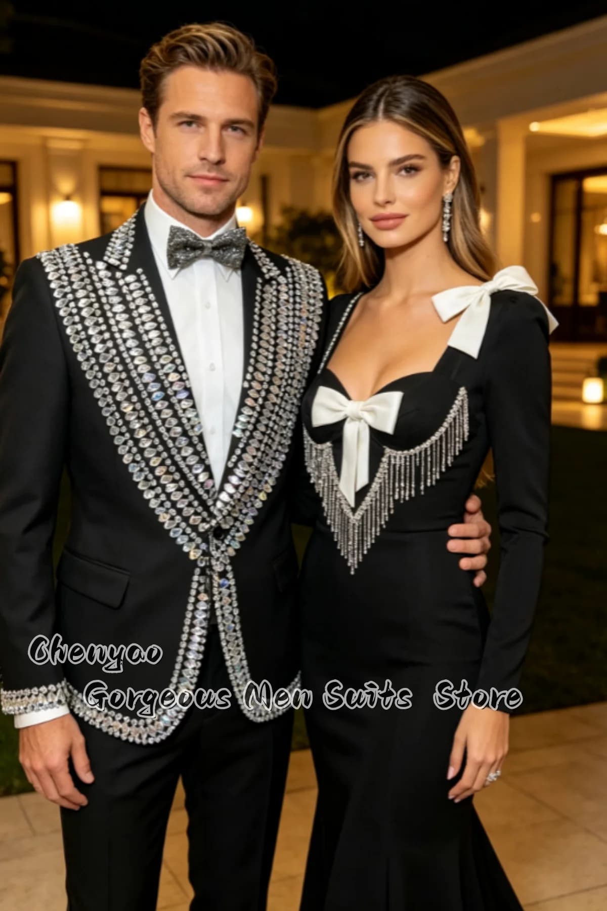 Luxury Rhinestone Crystal Beaded Men Suits Formal Slim Fit Groom Tuxedos Customized Party Male Blazers 2 Pieces Ropa Hombre