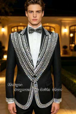 Luxury Rhinestone Crystal Beaded Men Suits Formal Slim Fit Groom Tuxedos Customized Party Male Blazers 2 Pieces Ropa Hombre