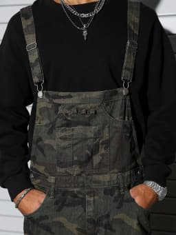 Men's Camouflage Loose Bib Jumpsuit with Multiple Cargo Pockets, Distressed Vintage Grunge-Style Camo One-Piece Overalls