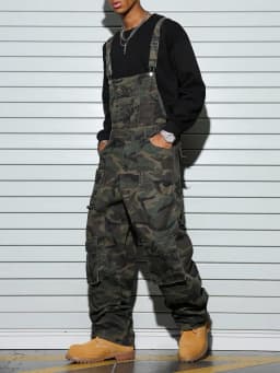 Men's Camouflage Loose Bib Jumpsuit with Multiple Cargo Pockets, Distressed Vintage Grunge-Style Camo One-Piece Overalls