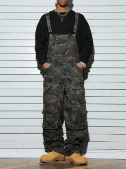 Men's Camouflage Loose Bib Jumpsuit with Multiple Cargo Pockets, Distressed Vintage Grunge-Style Camo One-Piece Overalls
