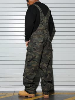 Men's Camouflage Loose Bib Jumpsuit with Multiple Cargo Pockets, Distressed Vintage Grunge-Style Camo One-Piece Overalls