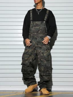 Men's Camouflage Loose Bib Jumpsuit with Multiple Cargo Pockets, Distressed Vintage Grunge-Style Camo One-Piece Overalls