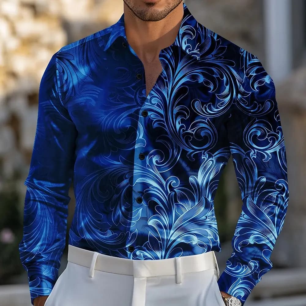 Men's Paisley Floral Print Gradient Color Shirt  Long Sleeve Vintage Retro Vacation Dailywear Spring 3D Print Button Up Shirts