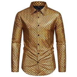 2024 New Glossy Fish Scales Green Mens Sequin Shirt Gold Bronzing Steampunk Nightclub Stage Party Dress Long Sleeve Top Men