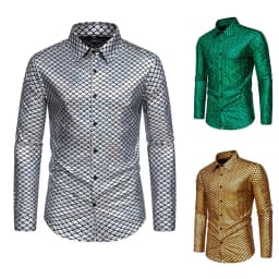2024 New Glossy Fish Scales Green Mens Sequin Shirt Gold Bronzing Steampunk Nightclub Stage Party Dress Long Sleeve Top Men