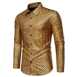 2024 New Glossy Fish Scales Green Mens Sequin Shirt Gold Bronzing Steampunk Nightclub Stage Party Dress Long Sleeve Top Men
