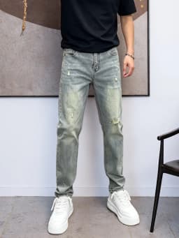 【HME】Men's Jeans | Ripped Paint Splatter Denim Pants, Men Retro Faded Washed Denim Jeans, Relaxed Straight‑Fit Male Denim Trousers, Destroyed Frayed Details, Durable Denim Bottoms, Multi‑Pocket Casual Denim Wear For Male Daily Going‑Out