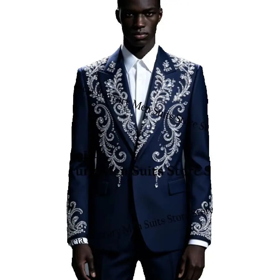 Handsome Embroidery Jewelry Tuxedo Men Suit Customized Sequin Male Prom Blazers 2 Pieces Set Wedding Groom Diamond Ropa Hombre