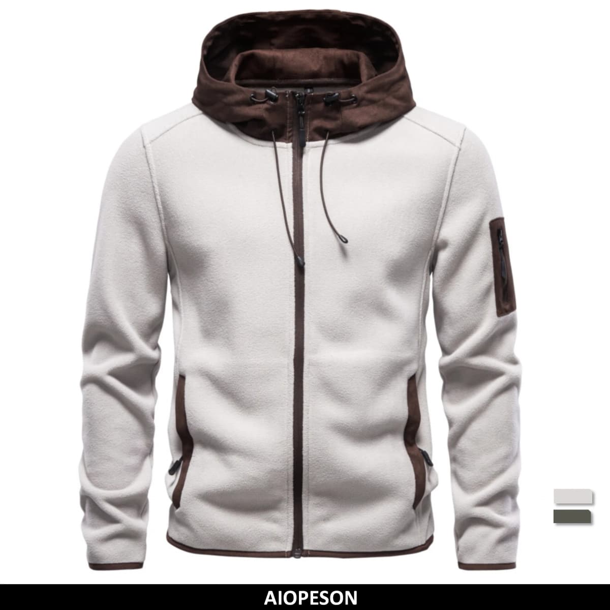 AIOPESON Men's Multi Pocket Hooded Fleece Jacket Full Zip Coat Suede Hood Zip Up Streetwear Autumn Winter Warm Outerwear