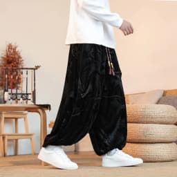 Velvet Pants Men's Autumn Winter Retro Dragon Print Loose Pants Men Chinese Style Casual Wide Leg Trousers For Men Plus Size 5XL