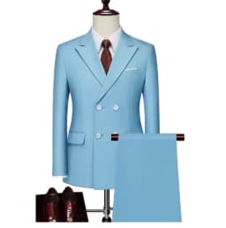 2 Pieces Fashion New Men's Business Double Breasted Solid Color Suit Coat / Male Slim Wedding Blazers Jacket Pants Trousers