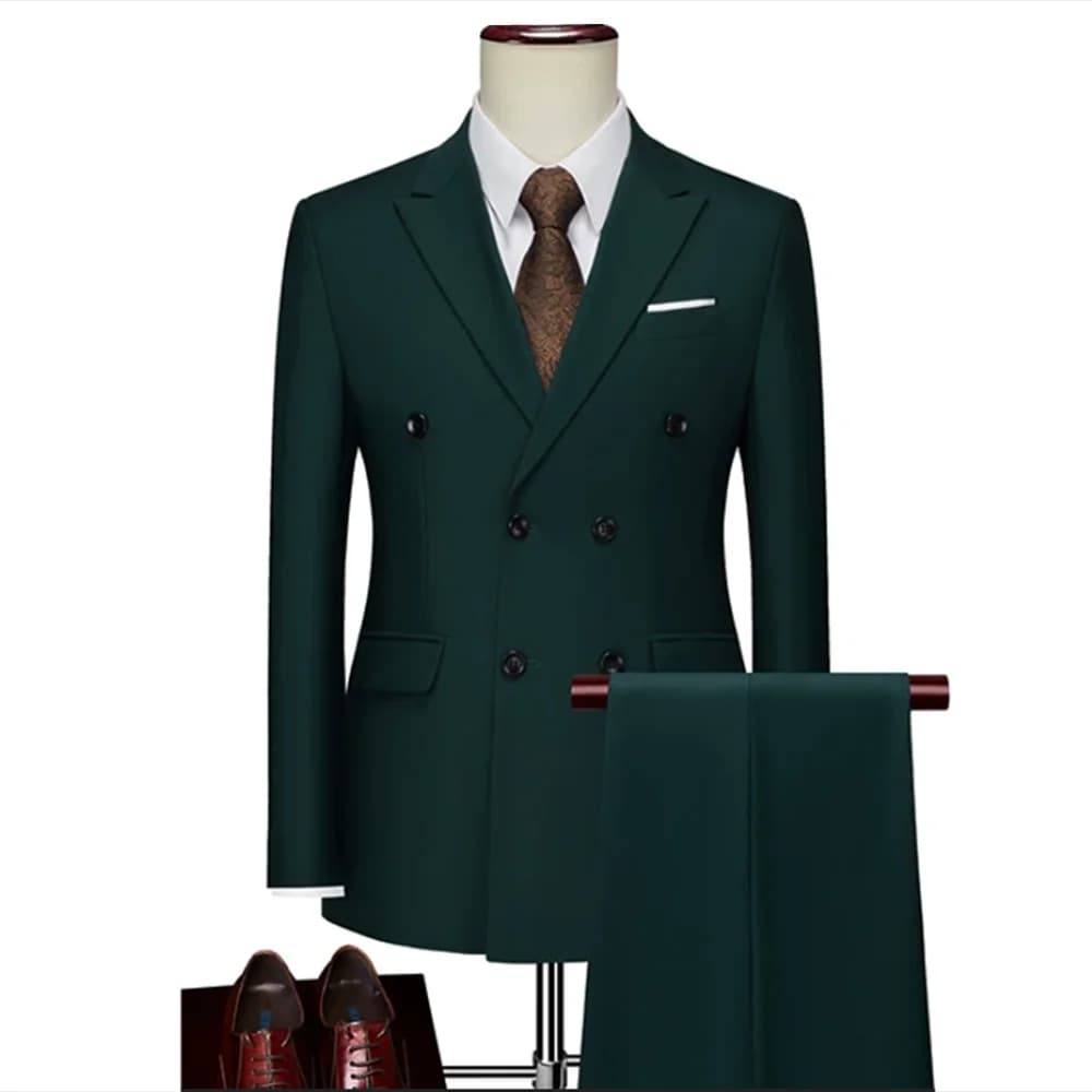2 Pieces Fashion New Men's Business Double Breasted Solid Color Suit Coat / Male Slim Wedding Blazers Jacket Pants Trousers