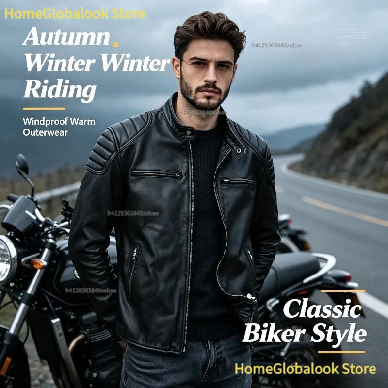 New Men Top‑Layer Genuine Cowhide Leather Jacket, Stand Collar Classic Motorcycle Biker Coat, Windproof Warm Outerwear, Plus Size Available For Autumn Winter Riding And Daily Casual Wear