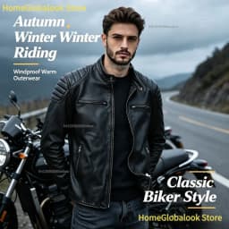 New Men Top‑Layer Genuine Cowhide Leather Jacket, Stand Collar Classic Motorcycle Biker Coat, Windproof Warm Outerwear, Plus Size Available For Autumn Winter Riding And Daily Casual Wear