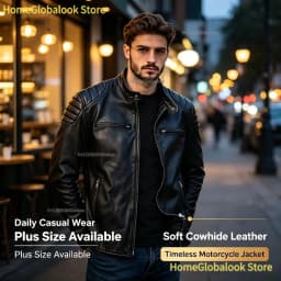 New Men Top‑Layer Genuine Cowhide Leather Jacket, Stand Collar Classic Motorcycle Biker Coat, Windproof Warm Outerwear, Plus Size Available For Autumn Winter Riding And Daily Casual Wear