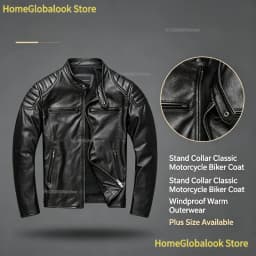 New Men Top‑Layer Genuine Cowhide Leather Jacket, Stand Collar Classic Motorcycle Biker Coat, Windproof Warm Outerwear, Plus Size Available For Autumn Winter Riding And Daily Casual Wear
