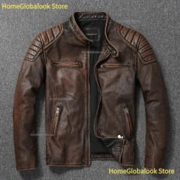 New Men Top‑Layer Genuine Cowhide Leather Jacket, Stand Collar Classic Motorcycle Biker Coat, Windproof Warm Outerwear, Plus Size Available For Autumn Winter Riding And Daily Casual Wear