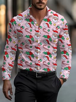 Christmas Festival Theme Men's 3D Printed Formal Shirts Christmas Tree Santa Claus Graphic Long Sleeve Shirt Fashion Men's Shirt