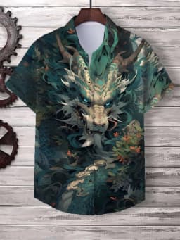 Chinese New Year's Shirt for Men Fashion Lapel Neck Short Sleeve Top Cool Dragon Printed Men's Shirt Street Hip Hop Clothing