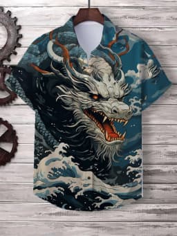 Chinese New Year's Shirt for Men Fashion Lapel Neck Short Sleeve Top Cool Dragon Printed Men's Shirt Street Hip Hop Clothing