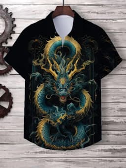 Chinese New Year's Shirt for Men Fashion Lapel Neck Short Sleeve Top Cool Dragon Printed Men's Shirt Street Hip Hop Clothing
