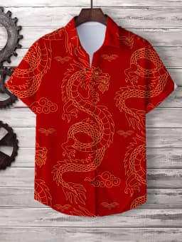 Chinese New Year's Shirt for Men Fashion Lapel Neck Short Sleeve Top Cool Dragon Printed Men's Shirt Street Hip Hop Clothing