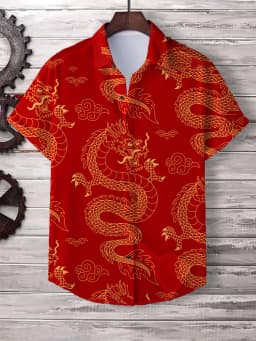 Chinese New Year's Shirt for Men Fashion Lapel Neck Short Sleeve Top Cool Dragon Printed Men's Shirt Street Hip Hop Clothing