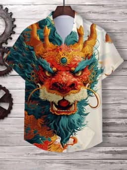 Chinese New Year's Shirt for Men Fashion Lapel Neck Short Sleeve Top Cool Dragon Printed Men's Shirt Street Hip Hop Clothing