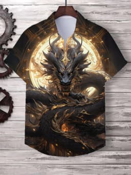Chinese New Year's Shirt for Men Fashion Lapel Neck Short Sleeve Top Cool Dragon Printed Men's Shirt Street Hip Hop Clothing