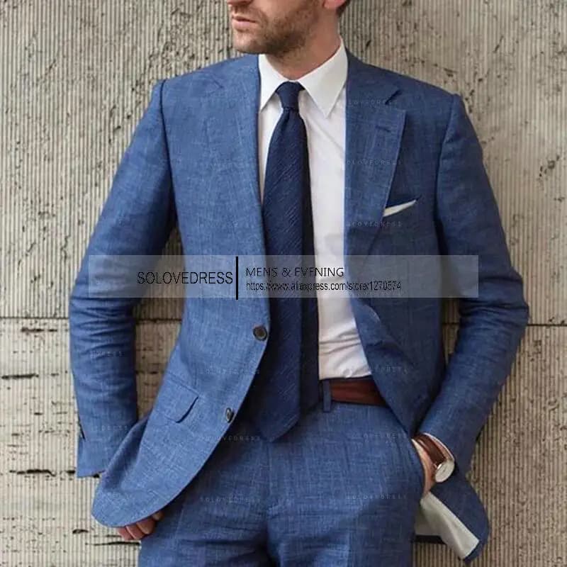 2026 Men's 2-Piece Linen Suit Casual Slim Fit Vintage Suits Groomsmen Tuxedos Wedding Summer Beach Blazer Pants Set