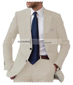 2026 Men's 2-Piece Linen Suit Casual Slim Fit Vintage Suits Groomsmen Tuxedos Wedding Summer Beach Blazer Pants Set