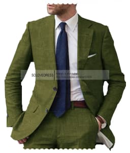2026 Men's 2-Piece Linen Suit Casual Slim Fit Vintage Suits Groomsmen Tuxedos Wedding Summer Beach Blazer Pants Set
