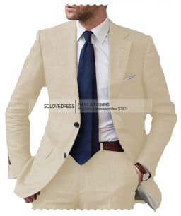 2026 Men's 2-Piece Linen Suit Casual Slim Fit Vintage Suits Groomsmen Tuxedos Wedding Summer Beach Blazer Pants Set