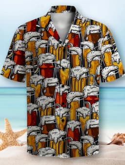 Beer Pattern 3D Print Men's Short Sleeve Party Daily Holiday Button Down Lapel Shirt For Summer Resort Holiday, Hawaiian Style