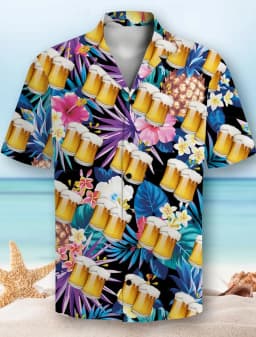 Beer Pattern 3D Print Men's Short Sleeve Party Daily Holiday Button Down Lapel Shirt For Summer Resort Holiday, Hawaiian Style