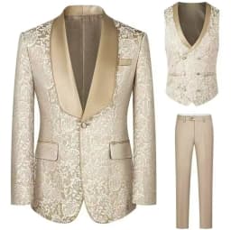 Champagne Jacquard Wedding Men Suits One Button Shaw Lapel Blazer Elegant Business Prom Party 3 PCS Jacket Vest Pants Suits Set